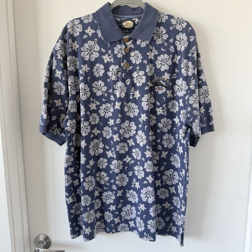VTG Tommy Bahama Polo Shirt Mens XL Blue Tropical Hibiscus Floral Cotton Beach